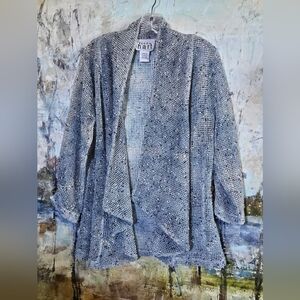 Karen Hart Open Front Mesh Crochet Knit Cardigan Speckled Blue Gray W's Sz M